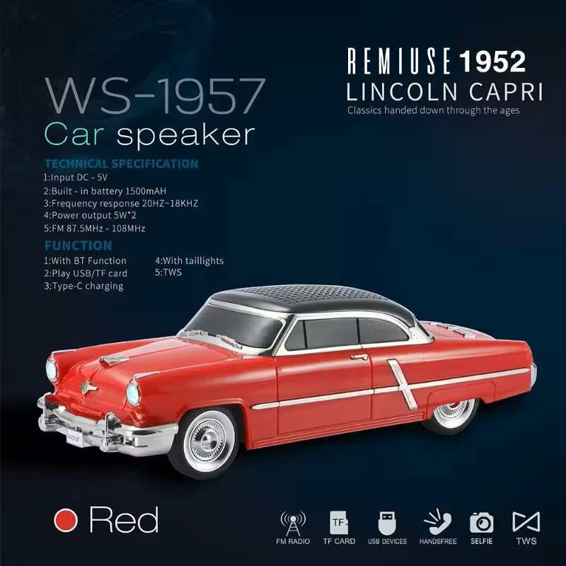 1957red2 Retro Araba Tasarımlı Bluetooth Hoparlör | FM Radyo | USB/TF Giriş | TWS | 1500mAh Batarya - Görsel 2