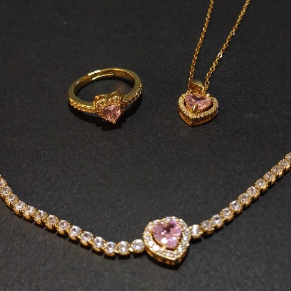 Pembe Zirkon Taşlı Kalpli Çelik Charm Seti | Paslanmaz, Romantik, Kalp Figürlü Charm