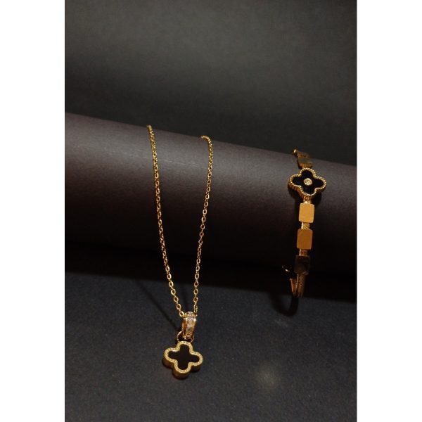 Yonca Üçlü Çelik Kolye Bileklik İkili Set | Kararmaz Şans ve Bereket Sembolü Takı Kombini