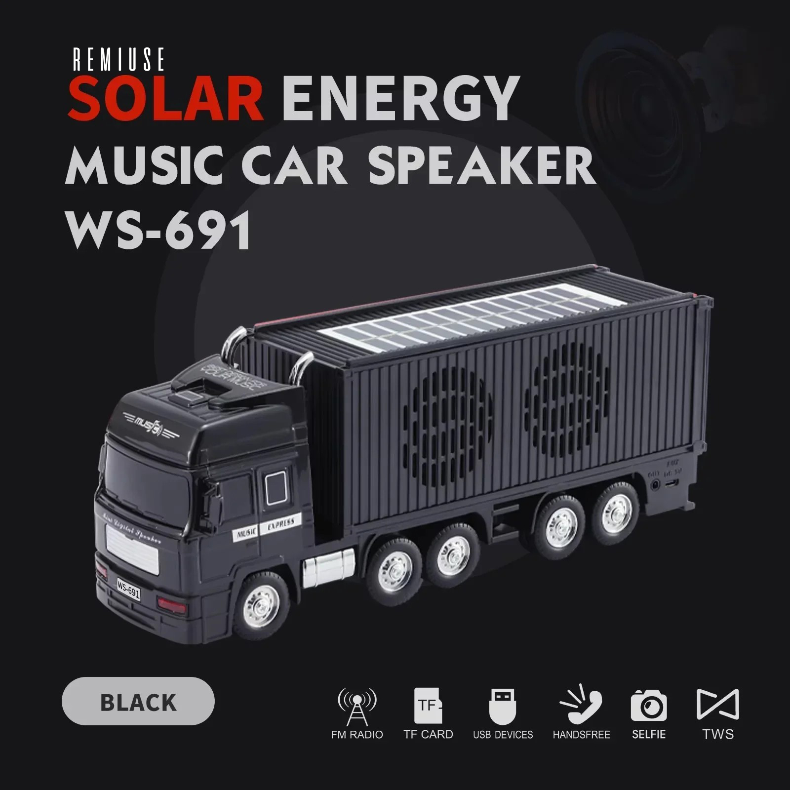 blacksolar Solar Enerjili Bluetooth Tır Hoparlör | FM Radyo | USB/TF Giriş | TWS | Type-C - Görsel 5