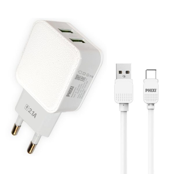 PHIXI Basic PCH401T Çift Çıkışlı 2.1A Type-C Şarj Cihazı Seti (Tüm Type-C Telefonlarla Uyumlu)