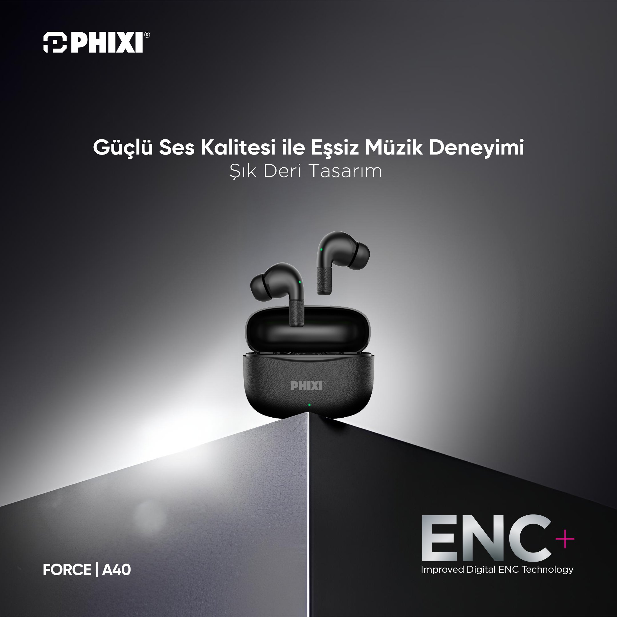 phixi-basic-a40-enc-usb-c-hizli-sarj-d-80cd-e Basic A40 Deri Görünümlü TWS Bluetooth Kulaklık | ENC+, Oyun Modu, Type-C Hızlı Şarj - Görsel 2