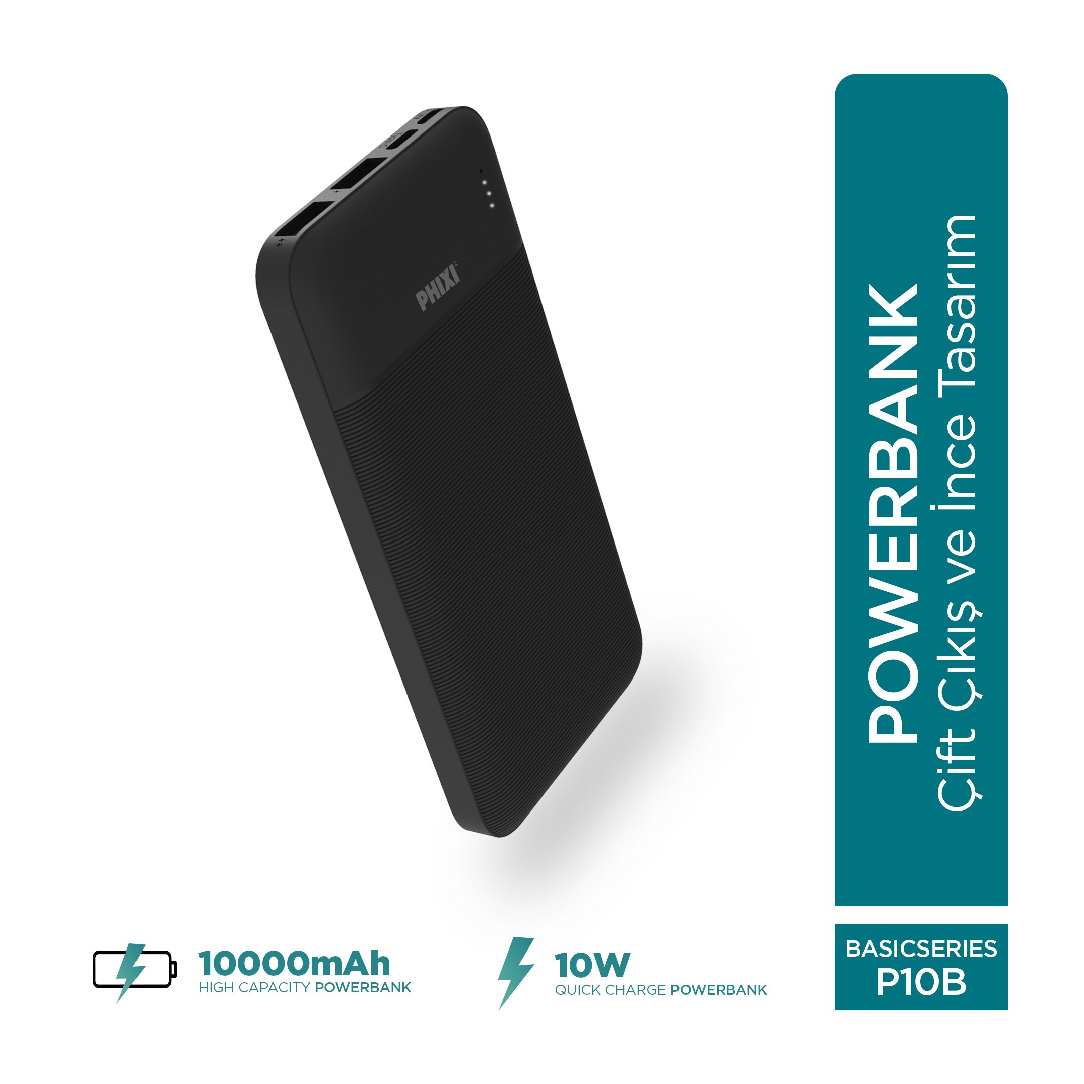 phixi-basic-p10-10000mah-powerbank-10w--400a- Basic P10 10000mAh Powerbank 10W | Çift USB Çıkışlı, İnce/Slim Tasarım, LED Gösterge - Görsel 1