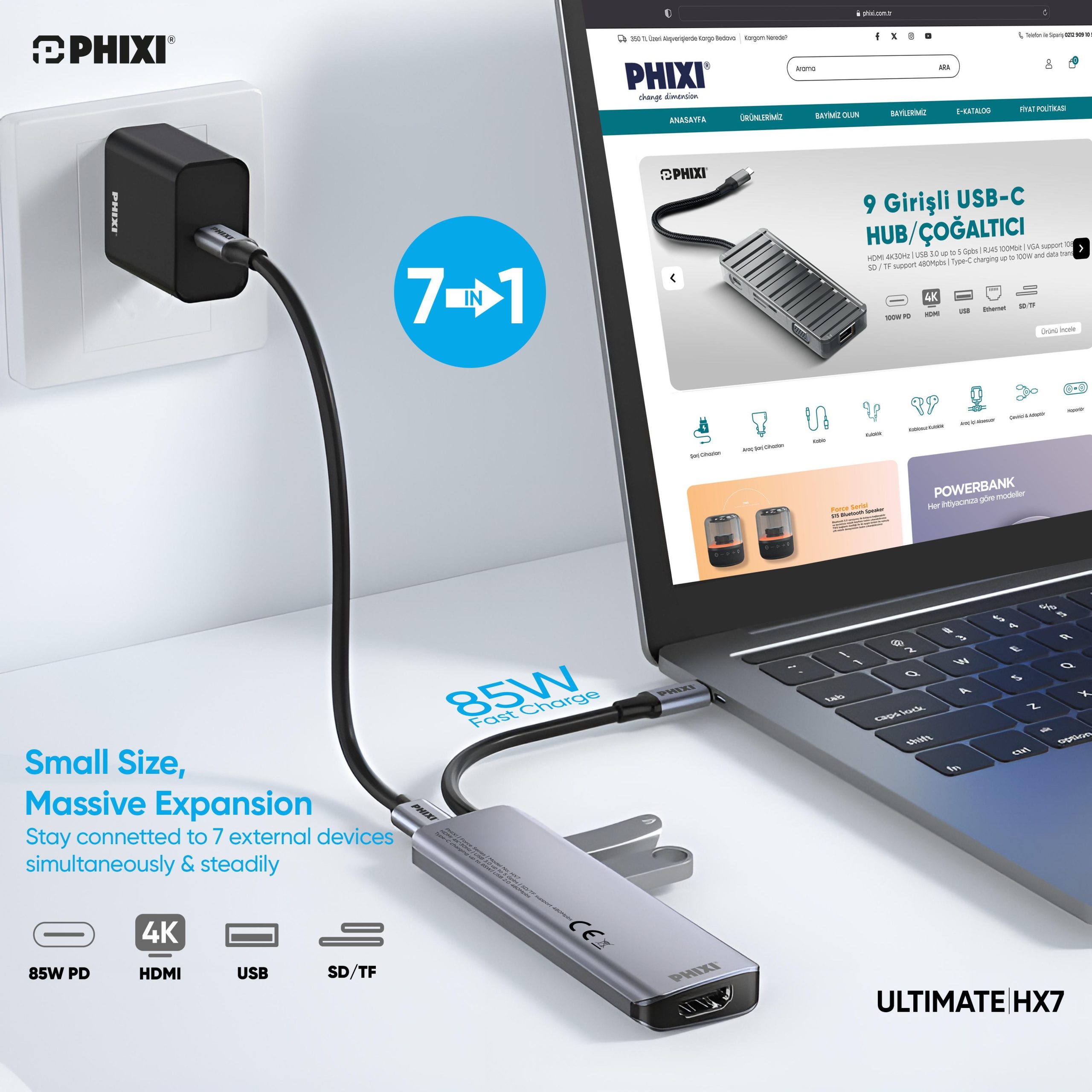 phixi-force-7-in-1-usb-c-to-hdmi-vga-e-2-7449 Force 7in1 USB-C Hub Çoklayıcı: HDMI 4K, Power Delivery, USB 3.0, SD Kart | MacBook, Windows Uyumlu - Görsel 4