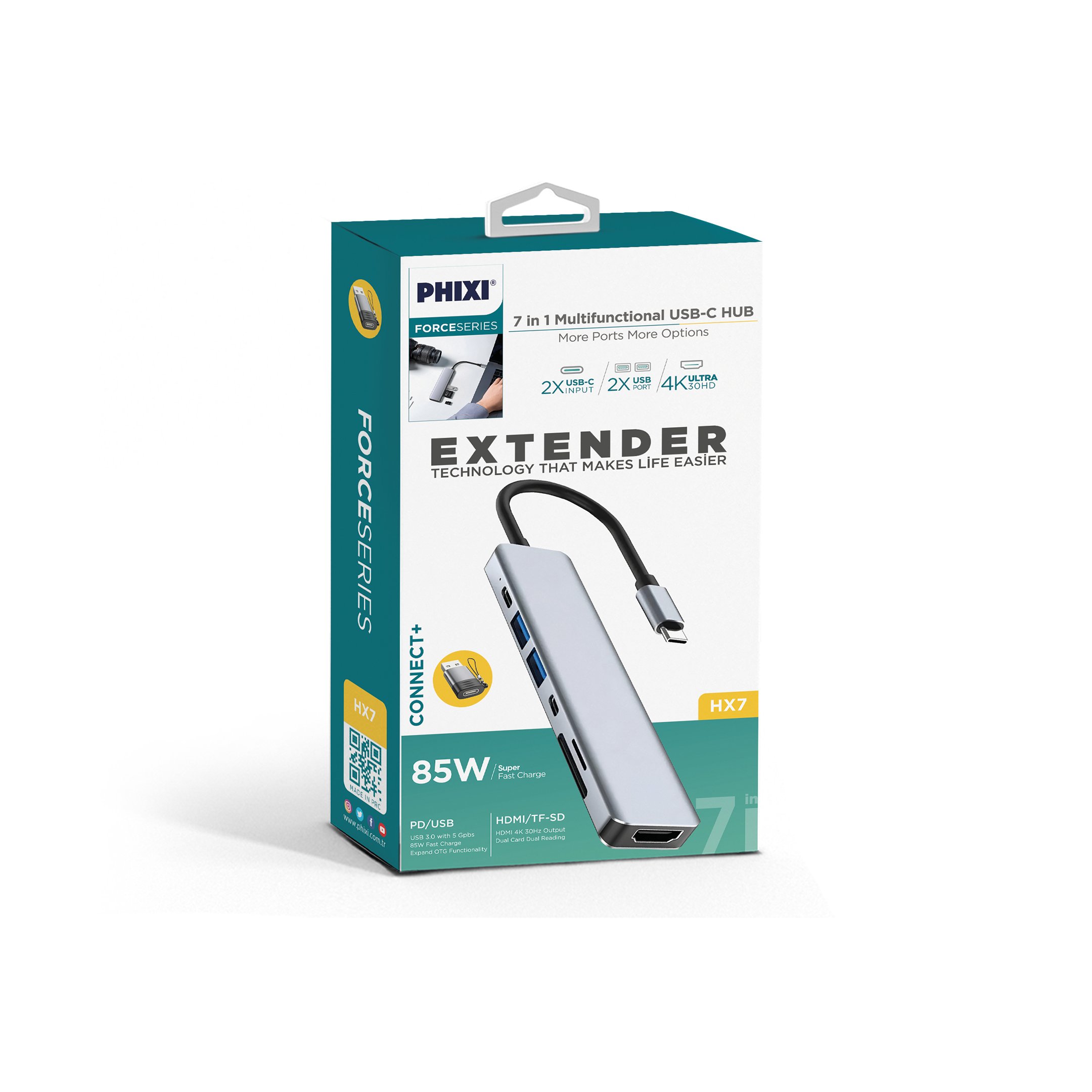 phixi-force-7-in-1-usb-c-to-hdmi-vga-e-38-f4f Force 7in1 USB-C Hub Çoklayıcı: HDMI 4K, Power Delivery, USB 3.0, SD Kart | MacBook, Windows Uyumlu - Görsel 6