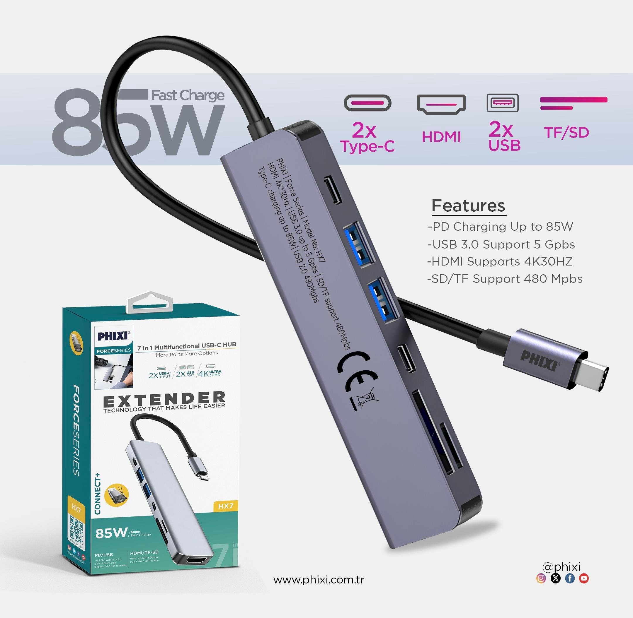 phixi-force-7-in-1-usb-c-to-hdmi-vga-e-4-318d Force 7in1 USB-C Hub Çoklayıcı: HDMI 4K, Power Delivery, USB 3.0, SD Kart | MacBook, Windows Uyumlu - Görsel 5