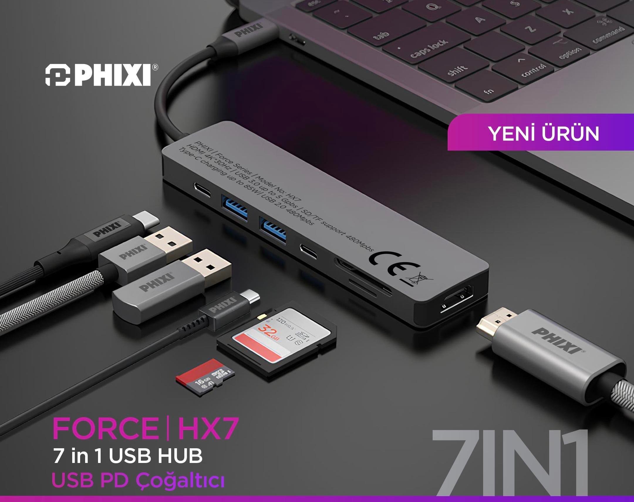 phixi-force-7-in-1-usb-c-to-hdmi-vga-e--a83a- Force 7in1 USB-C Hub Çoklayıcı: HDMI 4K, Power Delivery, USB 3.0, SD Kart | MacBook, Windows Uyumlu - Görsel 2