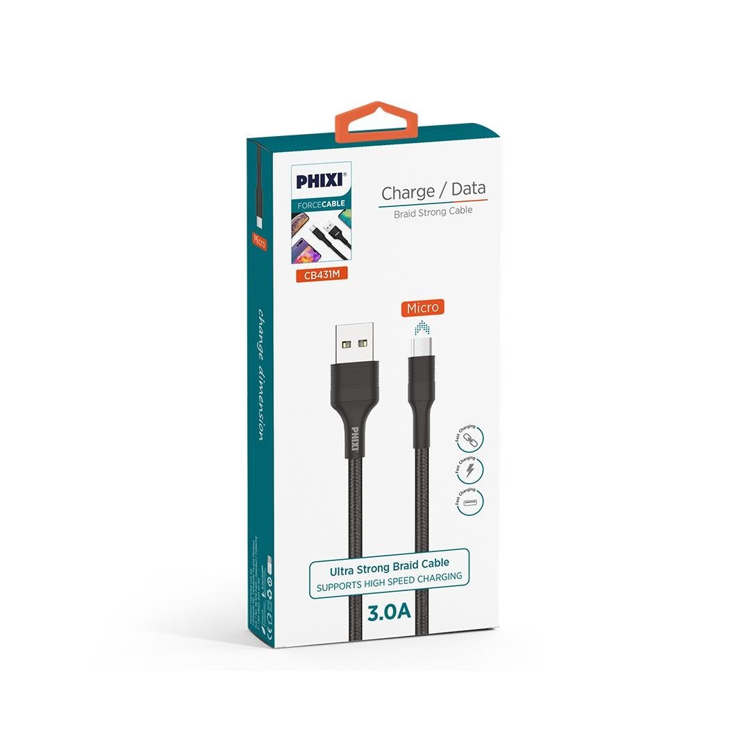 phixi-force-cb431m-hasir-orgu-ve-ekstr-9ab314 Force CB431M Micro USB Hızlı Şarj Kablosu | 3A, Hasır Örgü ve Kopmaya Dayanıklı Başlıklar - Görsel 2