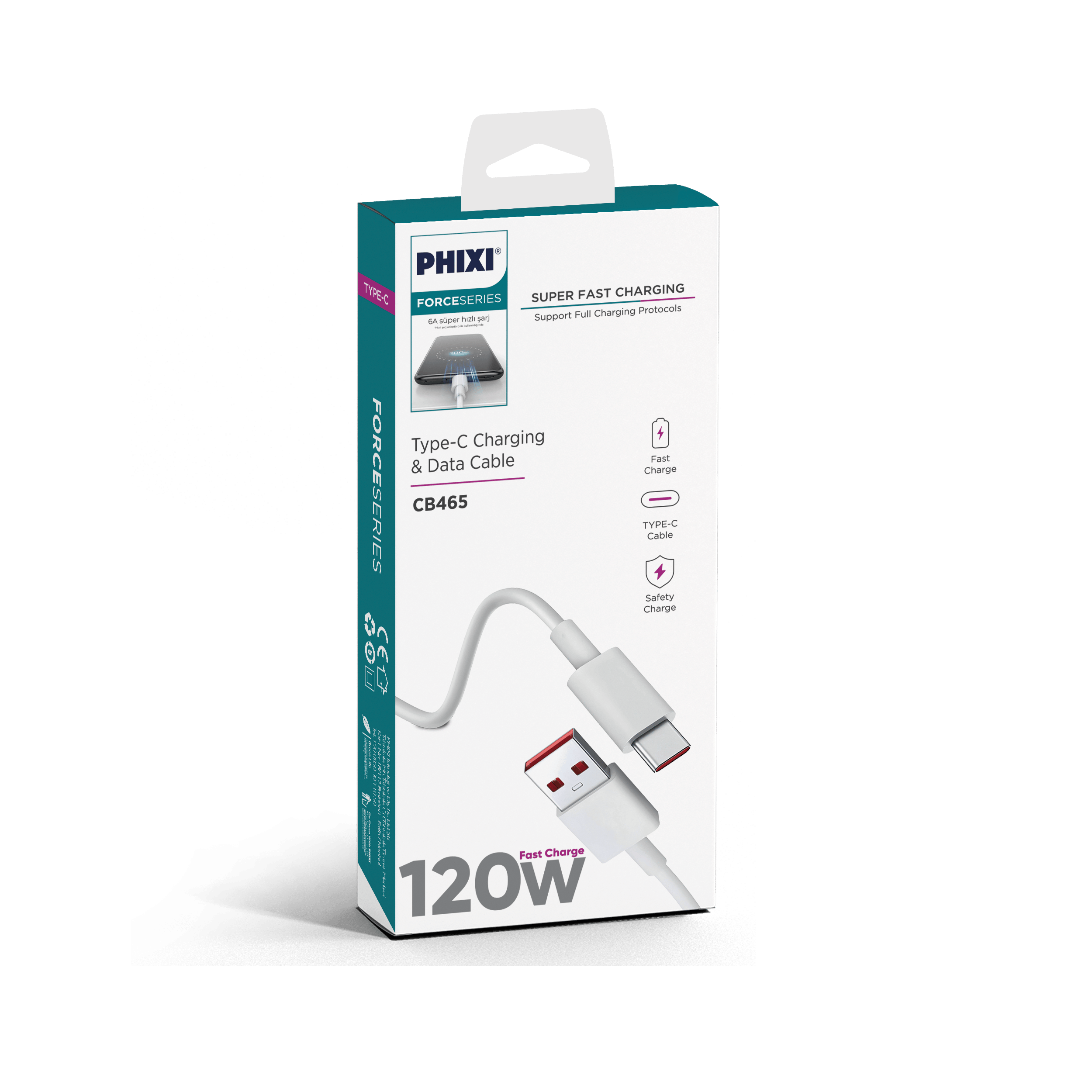 phixi-force-cb465-120w-usb-c-sarj-ve-d-222dfa Force CB465 120W Type-C Hızlı Şarj Kablosu | 6A Süper Hız, USB-A to Type-C, Data - Görsel 2