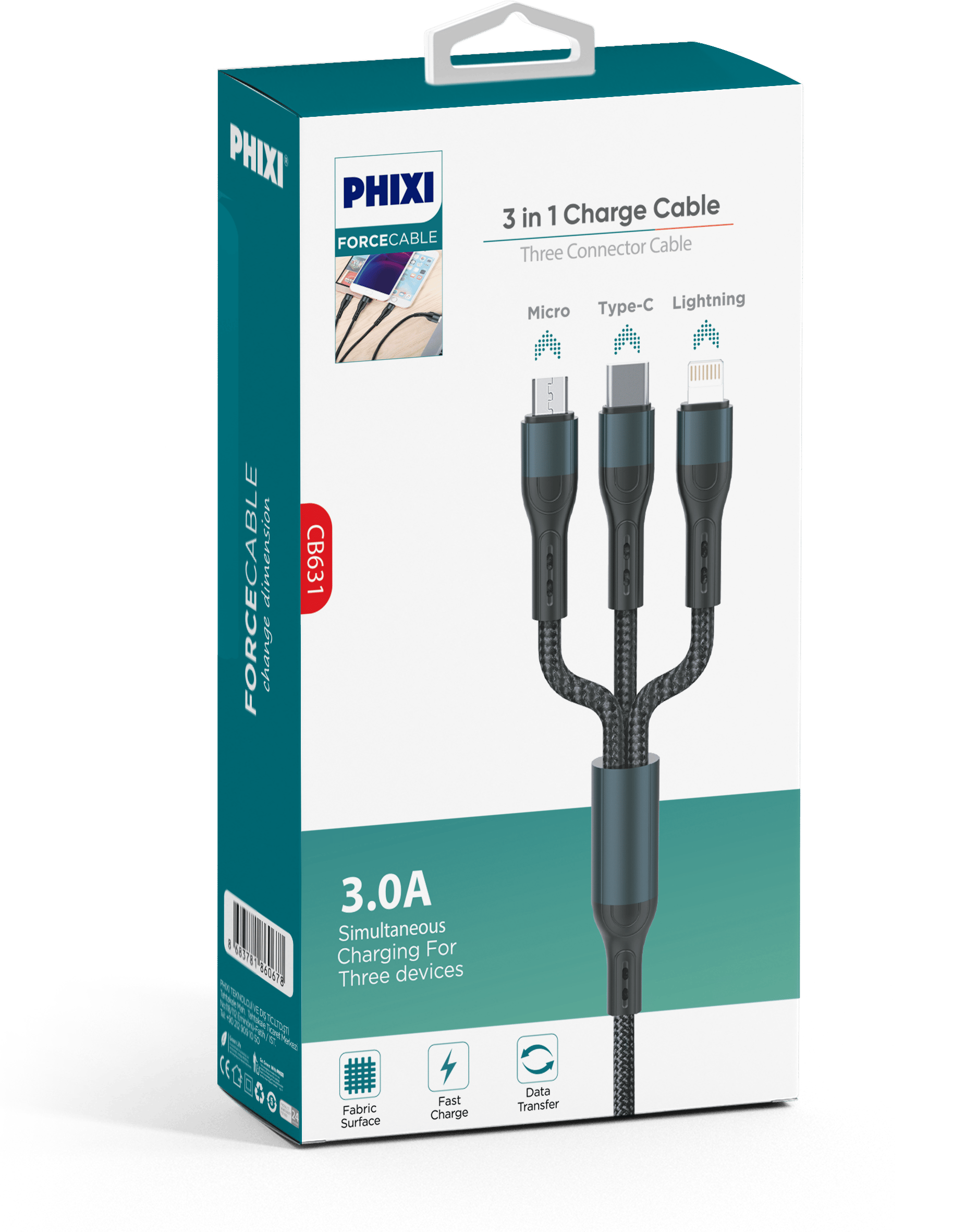 phixi-force-cb631-orgulu-ve-guclendiri-2877df Force CB631 3'ü 1 Arada Çoklu Kablo | Lightning, Type-C, Micro USB, Örgülü ve 2.4A Hızlı Şarj - Görsel 2