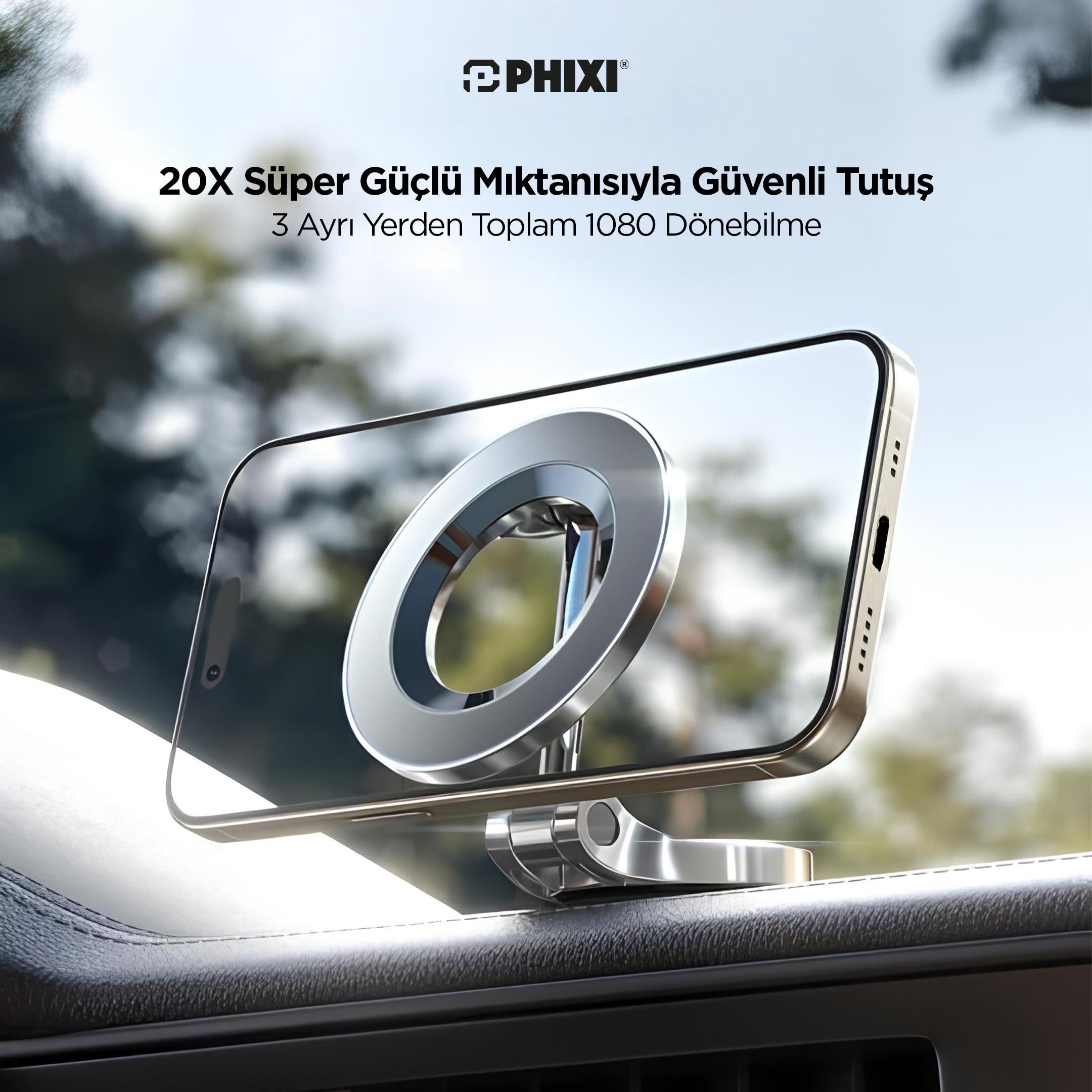 phixi-force-ch20-1080-ayarlanabilen-ya-2b-445 Force CH20 MagSafe Uyumlu Araç Tutucu | 1080° Ayarlanabilir, Güçlü Yapışkanlı Manyetik Telefon Tutacağı - Görsel 2