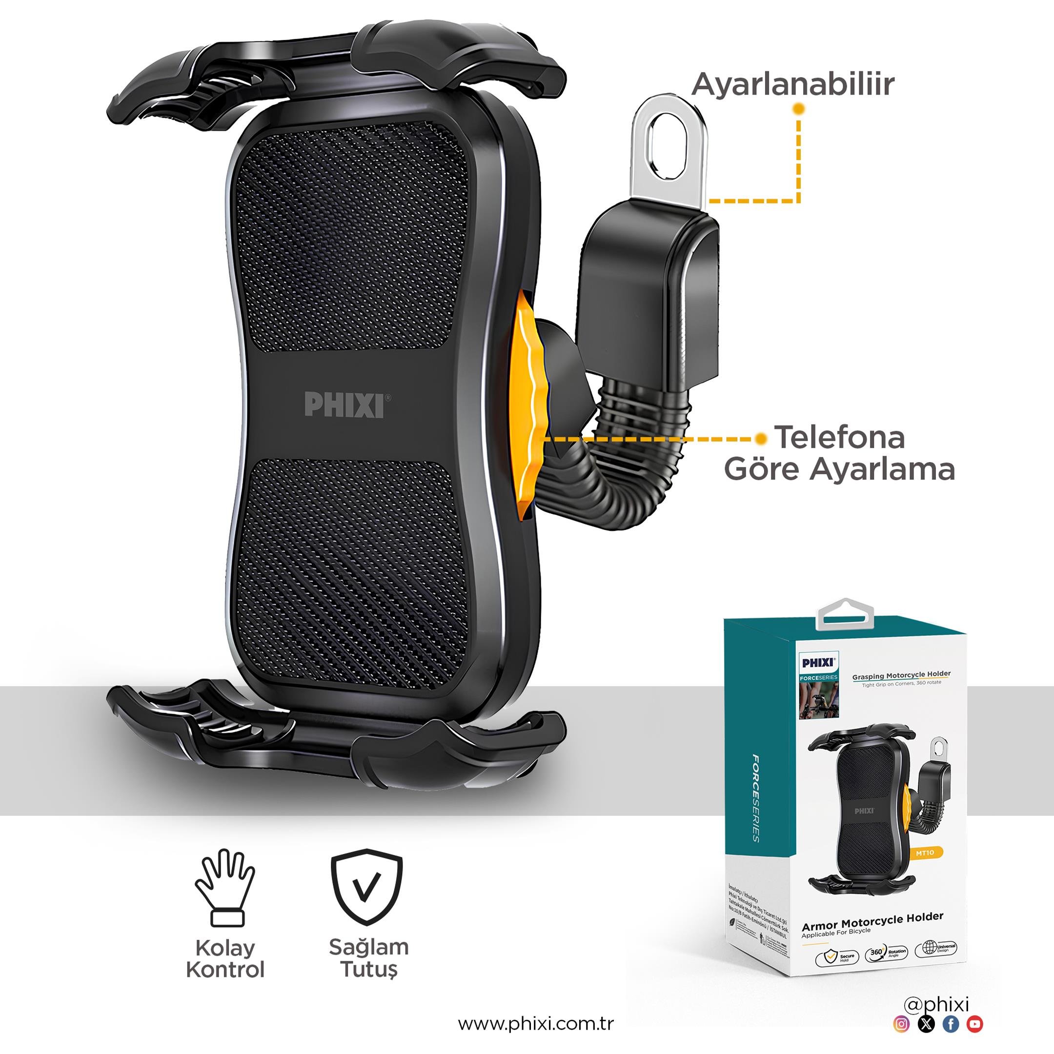 phixi-force-mt10-dikiz-ayna-baglantili-246b0- Force MT10 Motosiklet & Bisiklet Telefon Tutucu | Dikiz Ayna Bağlantılı, Otomatik Kilitli, Sarsıntı Önleyici Navigasyon Standı - Görsel 2