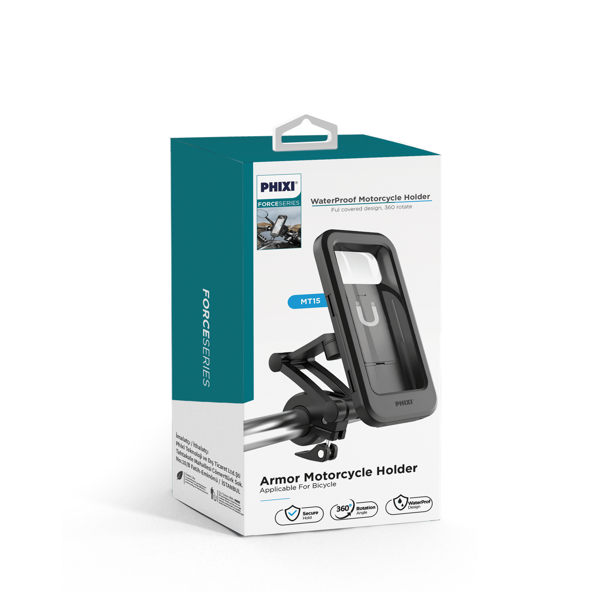 phixi-force-mt15-su-gecirmez-acisi-aya-b413c2 Force MT15 Su Geçirmez Motosiklet/Bisiklet Telefon Tutucu | Dokunmatik Ekranlı, 360° Gidon Bağlantılı, Tam Koruma Kılıf - Görsel 2
