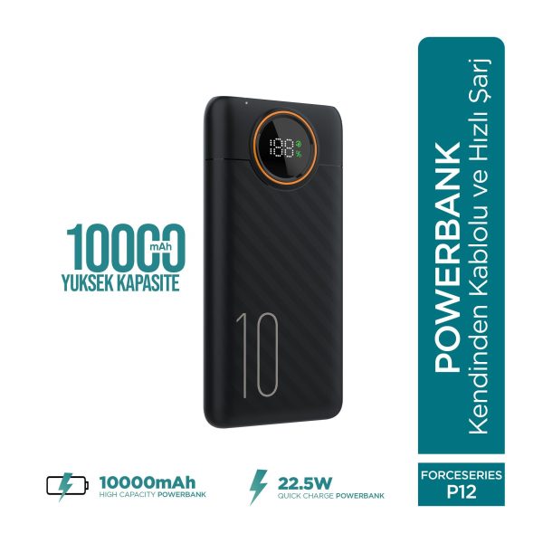 Force P12 10000mAh 22.5W Süper Hızlı Şarj Powerbank | Dahili Type-C & Lightning Kablolu, Dijital Ekran