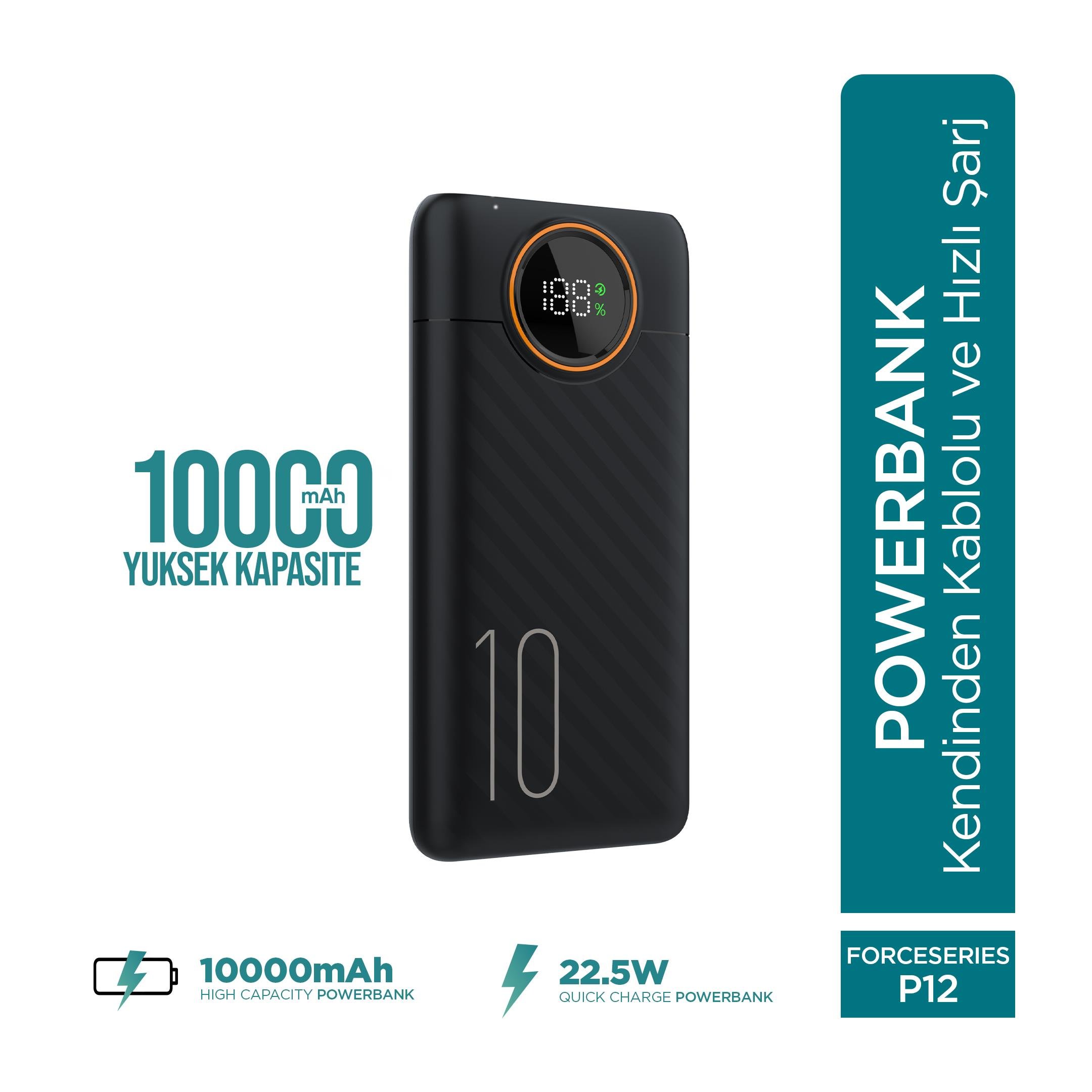 phixi-force-p12-10000mah-22-a0404c Force P12 10000mAh 22.5W Süper Hızlı Şarj Powerbank | Dahili Type-C & Lightning Kablolu, Dijital Ekran - Görsel 1