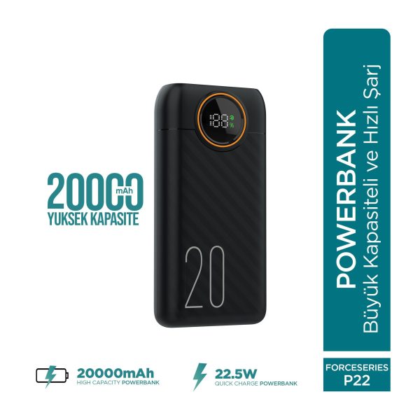 Force P22 20000mAh 22.5W Süper Hızlı Şarj Powerbank | Dahili Type-C & Lightning Kablolu, Dijital Ekran