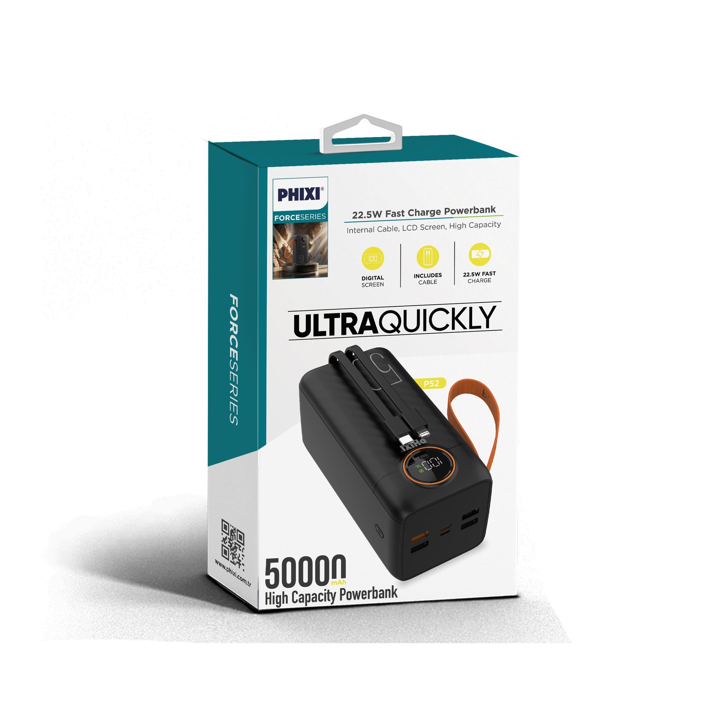 phixi-force-p52-50000mah-22-1302ea Force P52 50000mAh 22.5W Süper Hızlı Şarj Powerbank | Dahili Type-C & Lightning Kablolu, LED Fenerli - Görsel 3