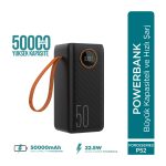 Force P52 50000mAh 22.5W Süper Hızlı Şarj Powerbank | Dahili Type-C & Lightning Kablolu, LED Fenerli