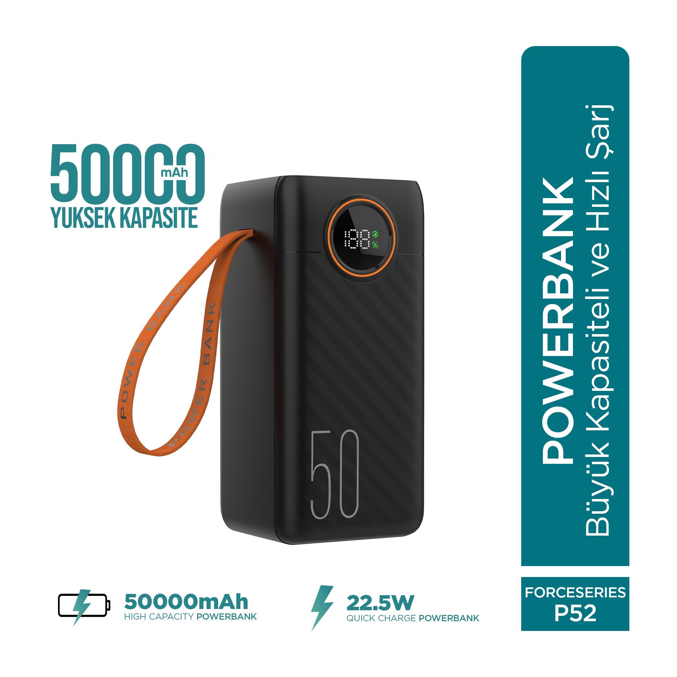 phixi-force-p52-50000mah-22-a0af40 Force P52 50000mAh 22.5W Süper Hızlı Şarj Powerbank | Dahili Type-C & Lightning Kablolu, LED Fenerli - Görsel 1