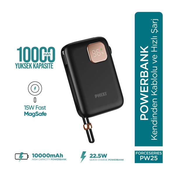 Force PW25 10000mAh 22.5W Hızlı Şarj Powerbank | MagSafe Uyumlu Kablosuz, Kendinden Kablolu, 3'ü 1 Arada