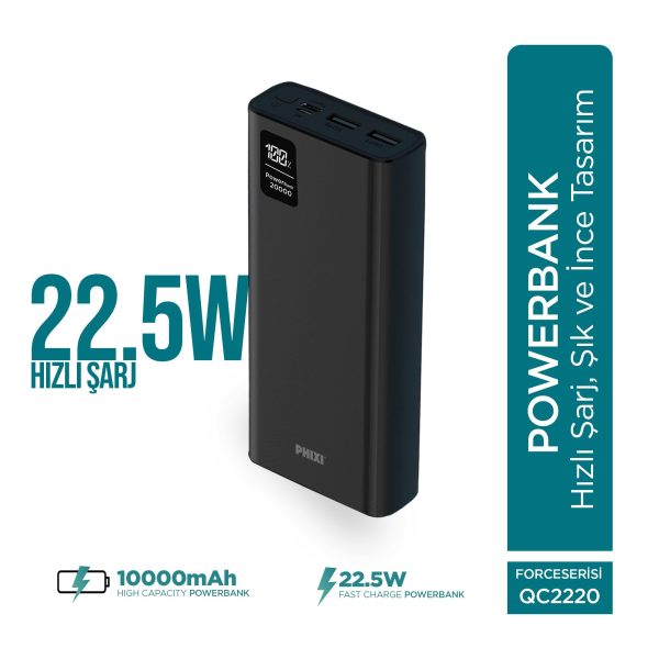Force QC2220 20000mAh 22.5W Süper Hızlı Şarj Powerbank | 2 USB & 1 PD Portlu, Dijital Ekran