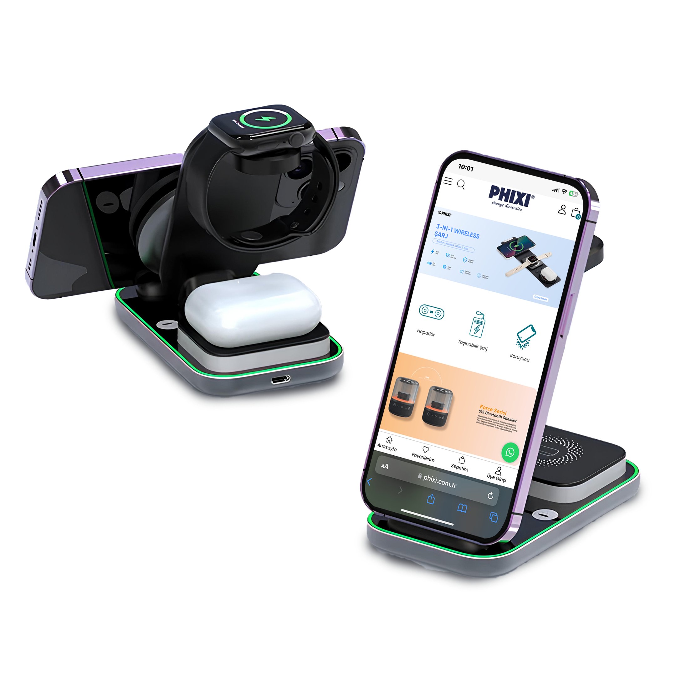 phixi-mg40-3-in-1-magnetic-wireless-st-f4-c91 MG40 3'ü 1 Arada Manyetik Kablosuz Şarj Standı 15W | iPhone, Apple Watch, AirPods Hızlı Şarj - Görsel 2