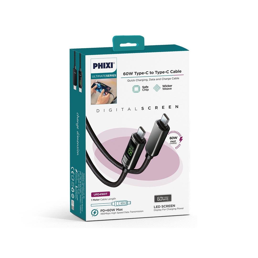 phixi-ultimate-upd4160t-60w-lcd-ekranl--9ecc- Ultimate UPD4160T 60W LCD Ekranlı Type-C to Type-C Kablo | Metal Başlık, Hasır Örgü, PD Hızlı Şarj - Görsel 3