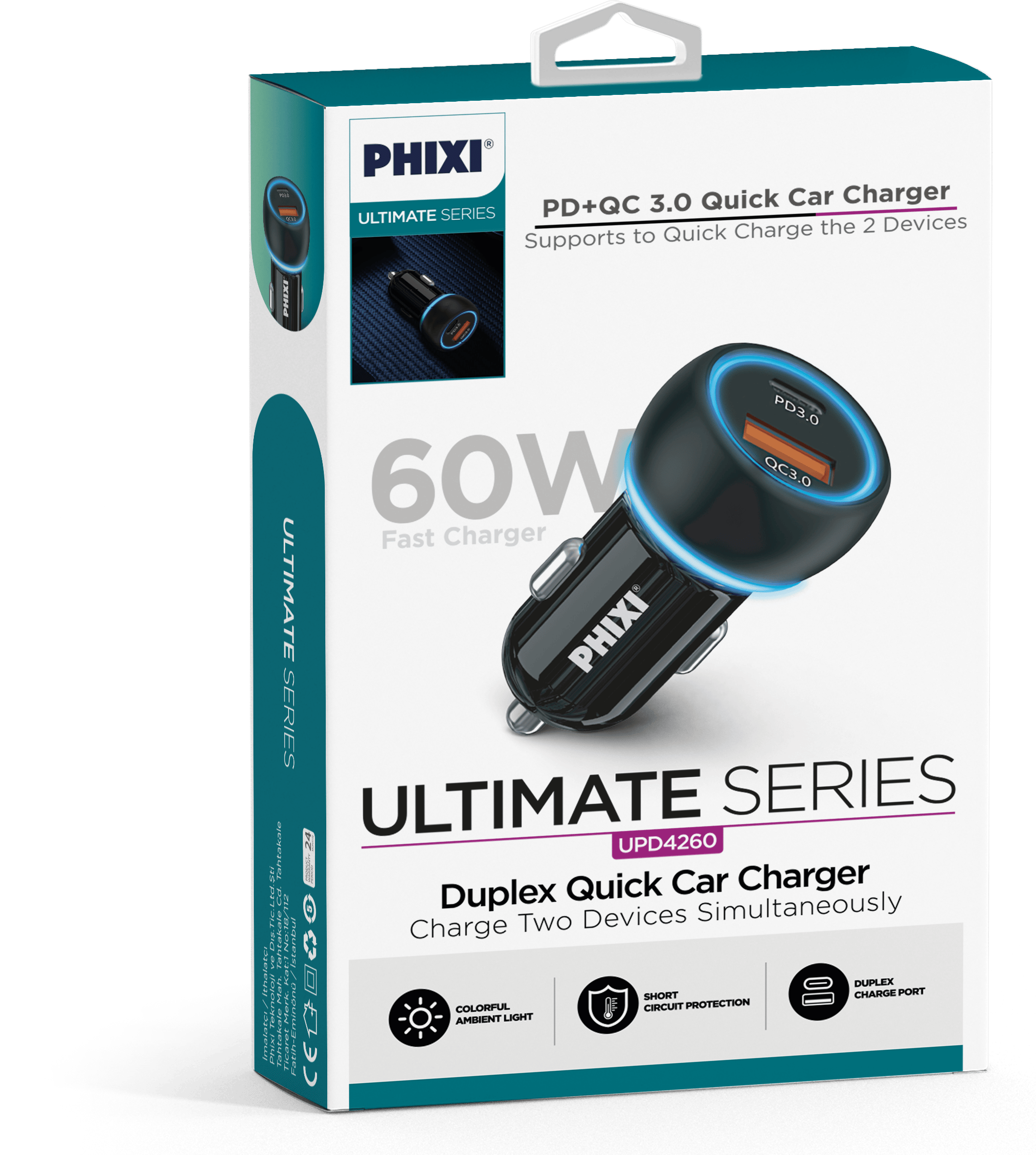 phixi-upd4260-cift-cikisli-pd-destekli-f48134 UPD4260 60W Çift Çıkışlı Araç Şarj Adaptörü | PD Power Delivery ve QC 3.0 Hızlı Şarj - Görsel 2