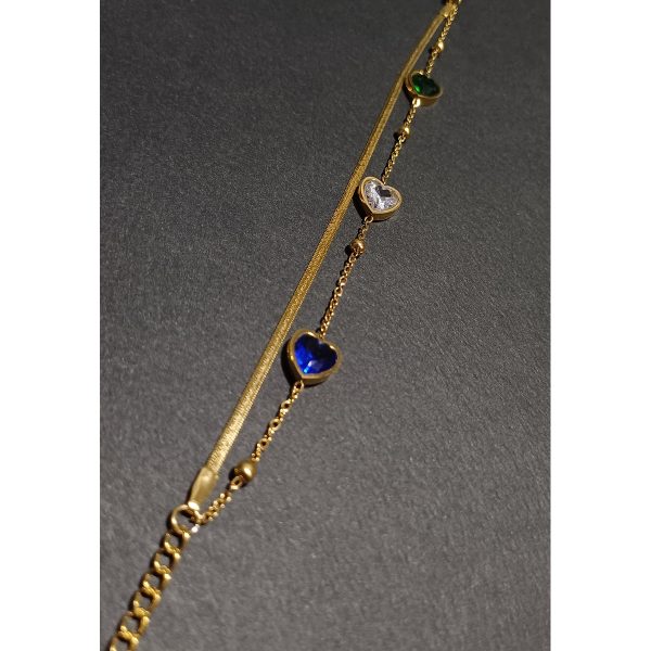 Renkli Zirkon Taşlı Kalpli İkili Gold Çelik Bileklik | Paslanmaz, Çift Zincir, Sevgiliye Hediye