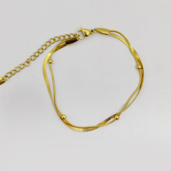 İtalyan Zincir Detaylı Çift Zincir Gold Çelik Bileklik | Paslanmaz Çelik, Layering Etkisi